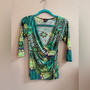 Salaam Y2K Deep V-Neck 3/4 Sleeve Multicolor Floral Abstract Wrap Style Blouse
